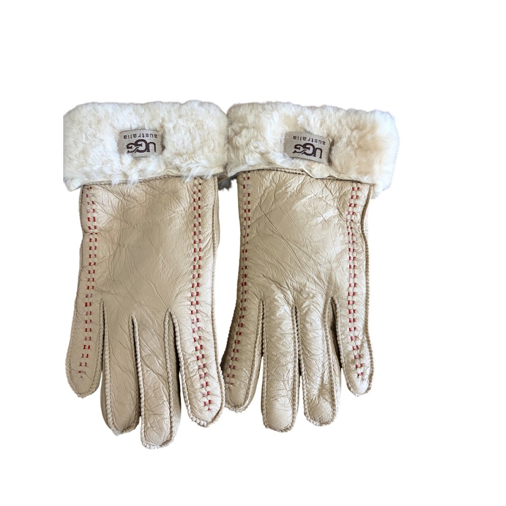 UGG Australia Women Sand Sheepskin Shearling Lined Gloves Beige NWOT Med